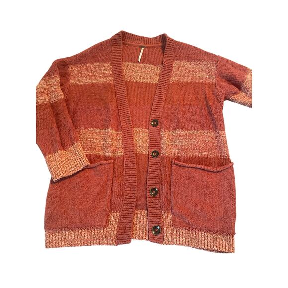 Free People Southport Beach Coral Orange Striped Cardigan Sweater Women's XS - Picture 2 of 9